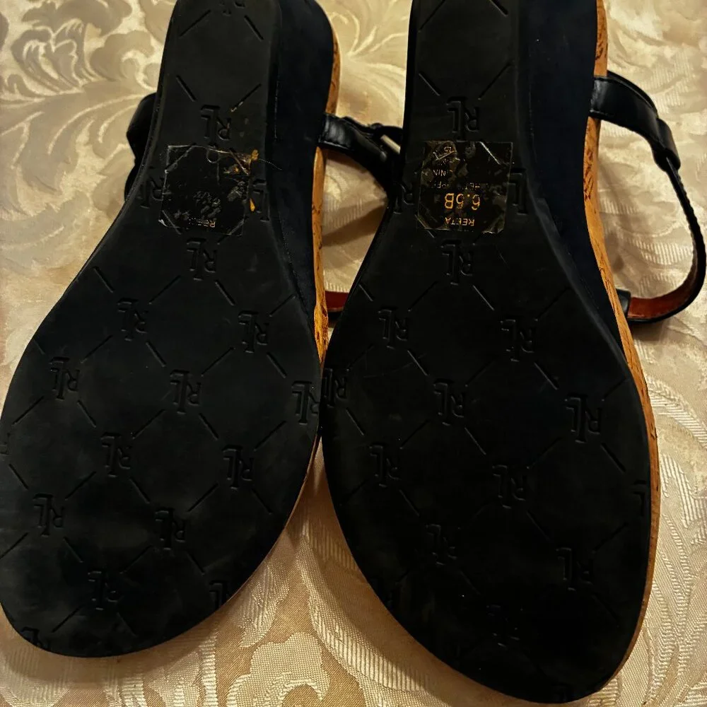 Lauren Ralph Lauren Navy Cork Wedge Sandals T Strap Adjustable Buckle-NEW - 6.5B